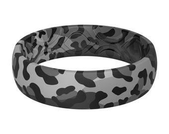ThunderFit Silicone Wedding Bands for Women, Breathable Printed Design - 5.5mm Width 1.8mm Thick (Black Camo Leopard)