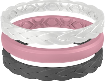 ThunderFit Stackable Silicone Ring Enhancers for Women, Breathable Braided Wedding Bands 3mm Wide 1.8mm Thick, 3-Pack (N-X)
