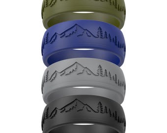 ThunderFit Silicone Wedding Rings for Men, Rubber Engagement Bands 9mm Wide 2mm Thick, 4-Pack (Forest-Mountains)