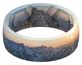 ThunderFit Silicone Wedding Rings Men, 2 Layer Top Printed Design - 8mm Width 2mm Thick (Mountains)