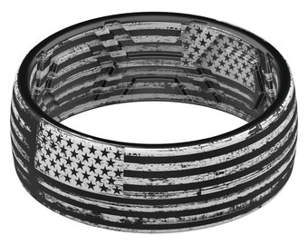 ThunderFit Silicone Wedding Rings Men, 2 Layer Top Printed Design - 8mm Width 2mm Thick (US Flag Grey Line Grunge)