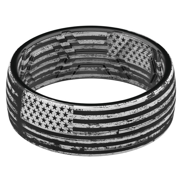 ThunderFit Silicone Wedding Rings Men, 2 Layer Top Printed Design - 8mm Width 2mm Thick (US Flag Grey Line Grunge)