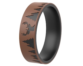 ThunderFit Silicone Wedding Rings for Men and Women, Laser Printed Design - 6mm Width 2mm Thick (Deer)