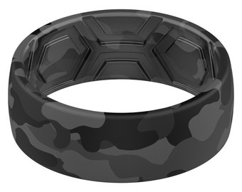 ThunderFit Silicone Wedding Rings Men, 2 Layer Top Printed Design - 8mm Width 2mm Thick (Black Camo)