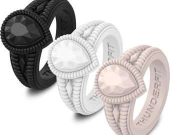 ThunderFit Silicone Rings for Women, Pear Rubber Engagement Wedding Bands 13.5mm Wide 5.5mm Thick, 3-Pack