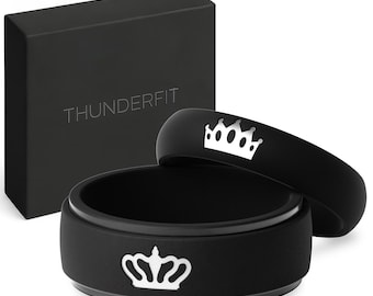 ThunderFit Silicone Rings for Him & Her, Wedding Bands for Couples with Crown Engraving, 2-Pack Rubber Engagement Bands with Gift Box