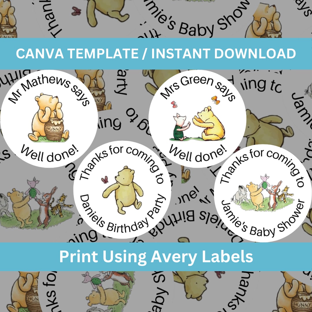 Winnie the Pooh Bear Personalised Sticker Template Teacher Etsy