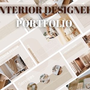 Modelos de portfólio de DESIGNER DE INTERIORES/ Sobre o Designer/ Serviços de decoração, Pacotes/ Apresentação de projetos/ Totalmente editável no Canva