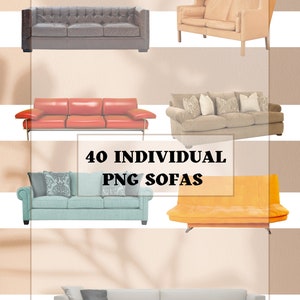 40 SOFÁS PNG individual / Photoshop PNG transparente / Design de interiores vários sofás / Sobreposições de Moodboard