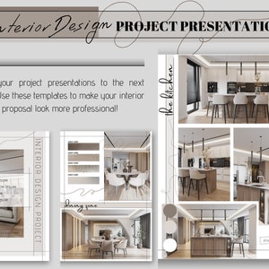 Puede incluir: Un collage de imágenes de presentación de un proyecto de diseño de interiores. Las imágenes muestran una cocina, un comedor y una sala de estar. Las imágenes están dispuestas en una cuadrícula. El texto "Interior Design Project Presentation" está en la parte superior de la imagen. El texto "Take your project presentations to the next level! Use these templates to make your interior design proposal look more professional!" está debajo del título. El texto "DESIGNER: LOREM IPSUM", "PROJECT NAME: LOREM IPSUM", "CLIENT: LOREM IPSUM", "LOCATION: LOREM IPSUM" está en la esquina inferior izquierda de la imagen. El texto "Dining zone" está en la esquina inferior derecha de la imagen. El texto "the kitchen" está en la esquina superior derecha de la imagen.