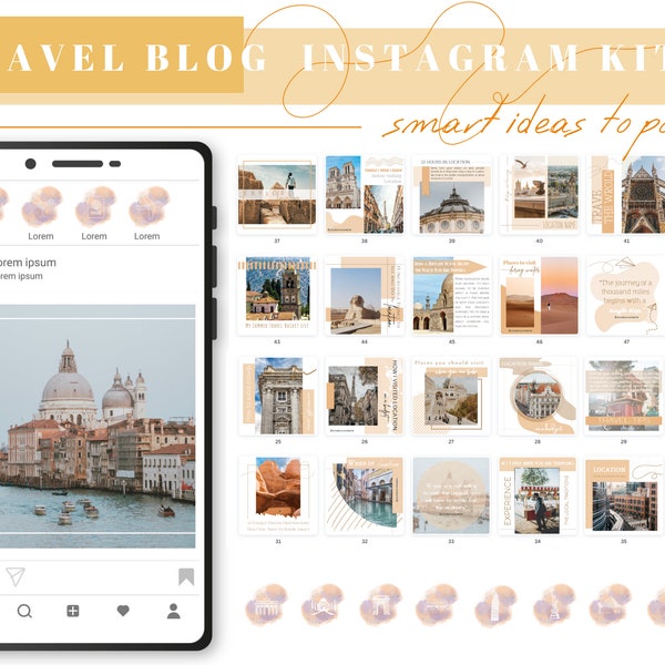 TRAVEL POSTS for Instagram Kit/Fully Editable Canva Templates/ Ideas to Post About Traveling/ Instagram Story Highlights/Travel Blog Posts/