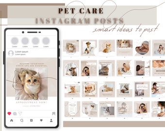 PET CARE Instagram posts/ Fully Editable in Canva/ Pet Shop/ Animal Care / Beige  Social Media Bundle/ Smart Ideas to Post on Instagram/