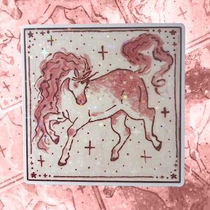 Pink Unicorn Pony, Square Pink and Red Sticker 3 and 2 inch, Holographic Star Sticker