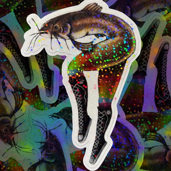 Reverse Mermaid 4 Inch Sticker -  Catfish With Legs, Gloss and Holographic Laminate
