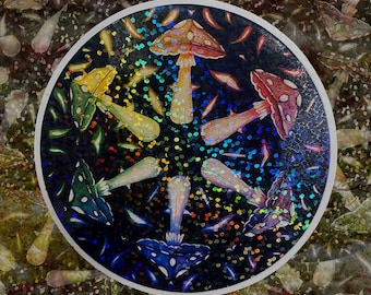 Rainbow Mushroom Circle Sparkle Holographic Sticker- 3 Inch and 2 Inch