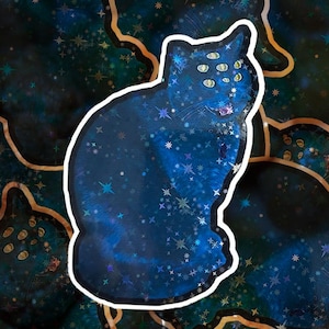 May include: A blue cat with five eyes and a wide open mouth, set against a dark blue background with white stars. The cat is outlined in white.