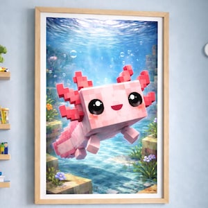 Könnte beinhalten: Gerahmter Druck mit einem pixeligen, rosa Axolotl, das unter Wasser schwimmt. Das Axolotl hat große schwarze Augen und rote Kiemen. Der Hintergrund zeigt Wasserpflanzen, Blasen und eine blau-grüne Wasserumgebung.