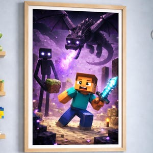 Könnte beinhalten: Gerahmtes Minecraft-Kunstwerk mit einem pixeligen Charakter mit einem leuchtenden Schwert, der einem Drachen gegenübersteht. Ein Enderman und ein Drache sind ebenfalls vorhanden. Das Kunstwerk ist vor einem lila und grauen Hintergrund.