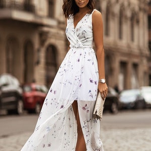 Floral Maxi Dress Front Slit White