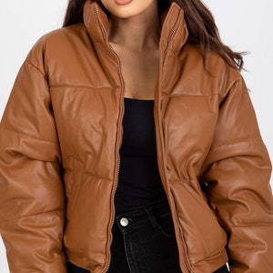 PU Leather Puffer Jacket Cropped Brown