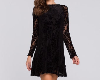 Black Mini Velvet Dress Lace Sleeves Size M L