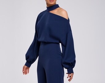 Langarm-Jumpsuit mit weitem Bein, formeller eleganter Jumpsuit, Hochzeitsgast-Jumpsuit, Business-Kleidung, Overall, Overall für besondere Anlässe, Europa