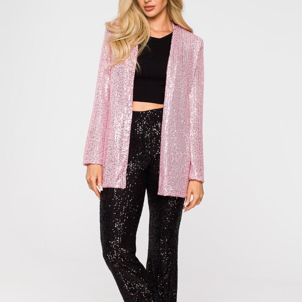 Veste à sequins rose, Blazer à sequins beige, Blazer pour femme, Blazer formel, Costume à sequins, Blazer des fêtes, Veste à sequins, Mère de la mariée