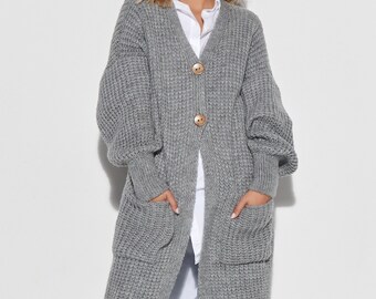 Cardigan long à manches larges en grosse maille Bishop gris