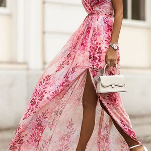 Floral Maxi Dress Front Slit Pink