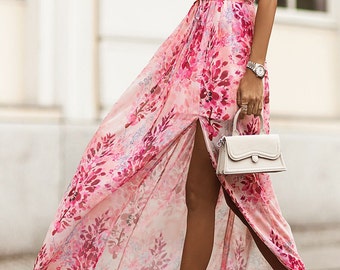 Robe longue fleurie avec fente sur le devant Rose