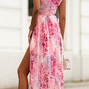 Floral Maxi Dress Front Slit Pink