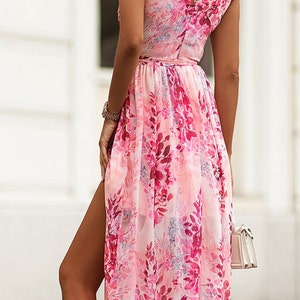 Floral Maxi Dress Front Slit Pink