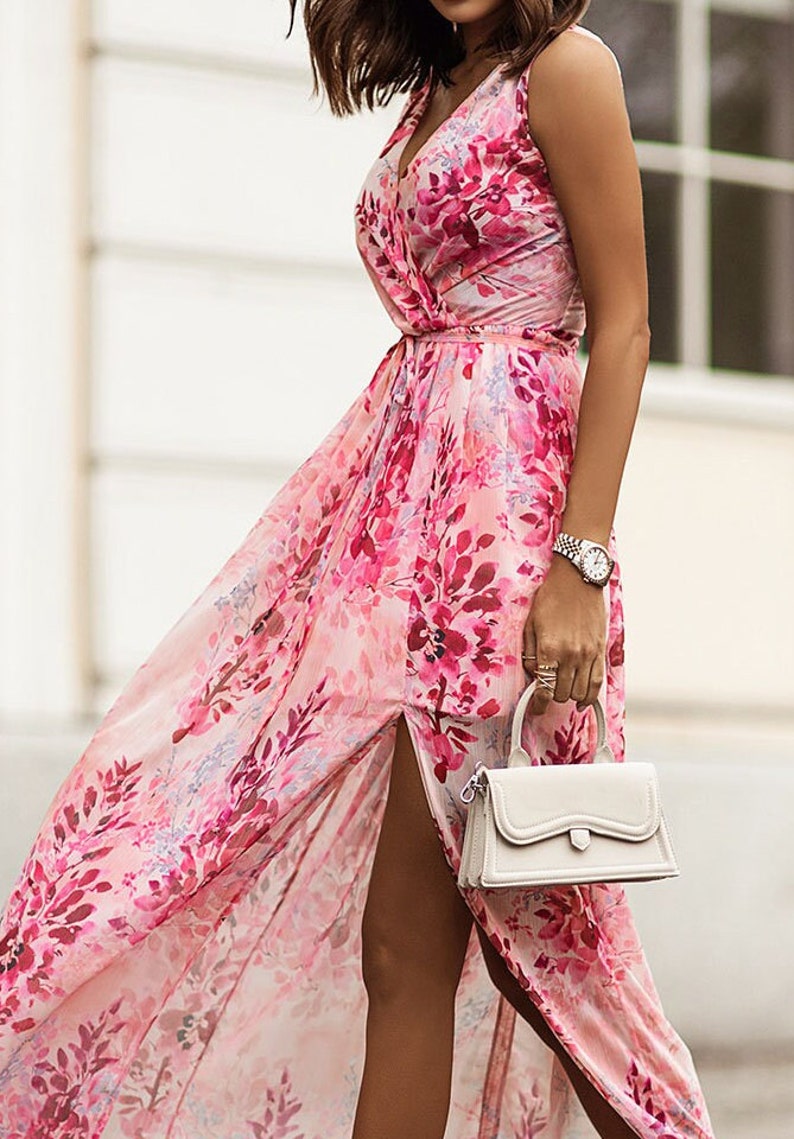 Floral Maxi Dress Front Slit Pink