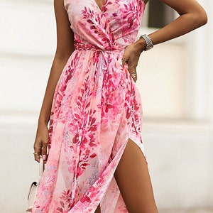 Floral Maxi Dress Front Slit Pink