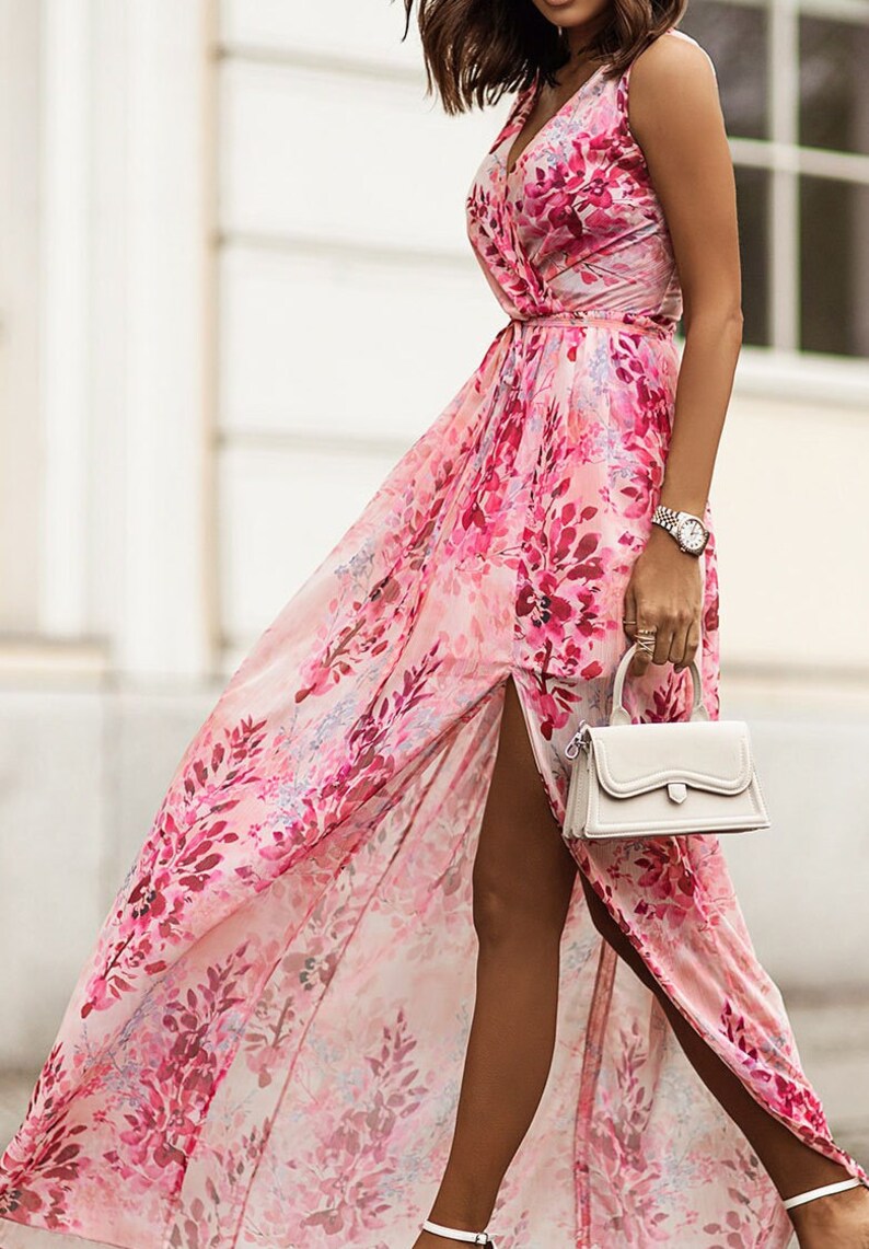 Floral Maxi Dress Front Slit Pink