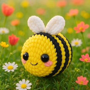 Può includere: Un giocattolo a forma di ape all'uncinetto con un viso sorridente, occhi neri e guance rosee. L'ape ha un corpo a strisce gialle e nere, ali bianche e sfocate, su uno sfondo di erba verde e fiori colorati.