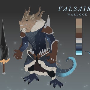 May include: A digital illustration of a blue and brown dragon-like creature wearing armor and a fur-lined cloak. The creature is holding a black sword with a gold hilt. The illustration includes a color palette with various shades of blue, brown, and white.