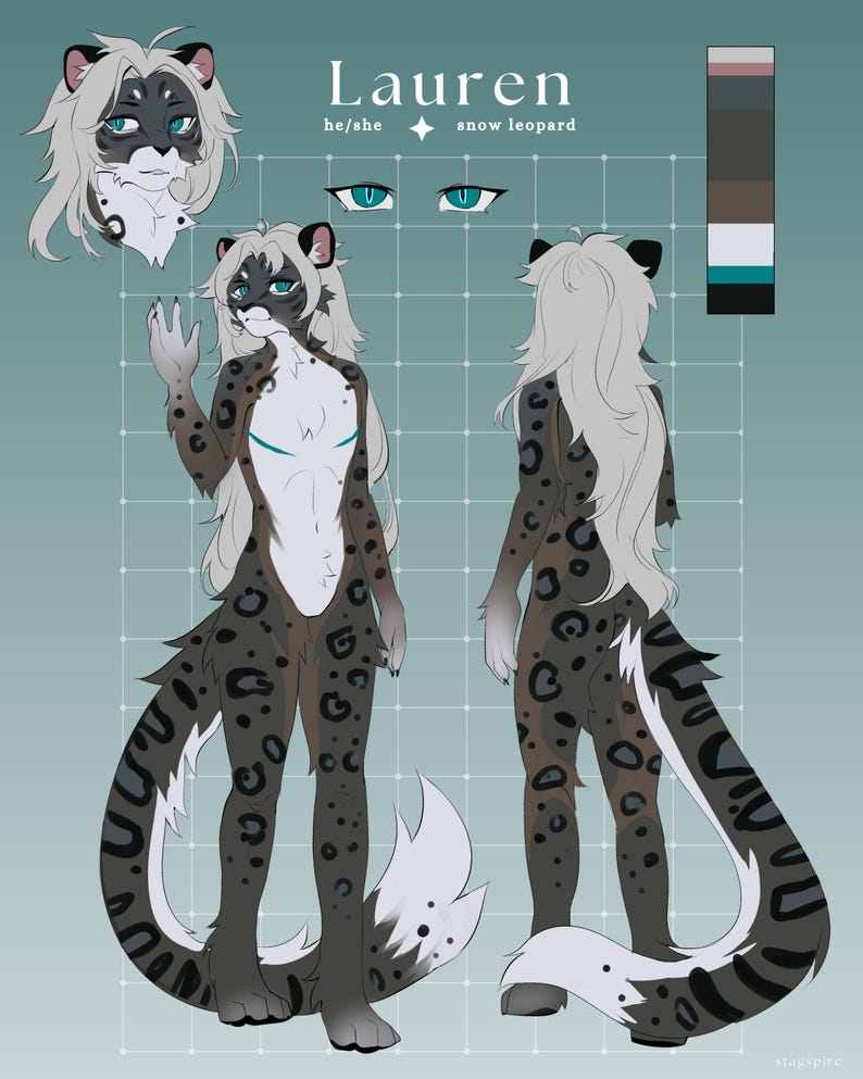 May include: A digital illustration of a snow leopard character named Lauren. Lauren has white fur with black spots and a long, white tail. The illustration shows Lauren from the front and back, with a close-up of Lauren's face at the top. The text "Lauren" is written in a decorative font at the top of the illustration, along with the text "he/she snow leopard".
