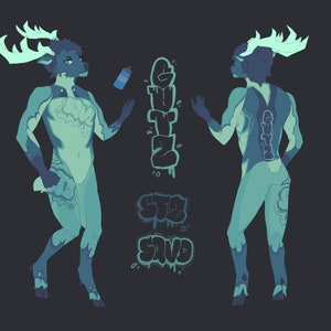 May include: A blue and green deer-like creature with antlers, holding a blue spray paint can. The creature is standing in front of a wall with graffiti that says "Stay Wild".