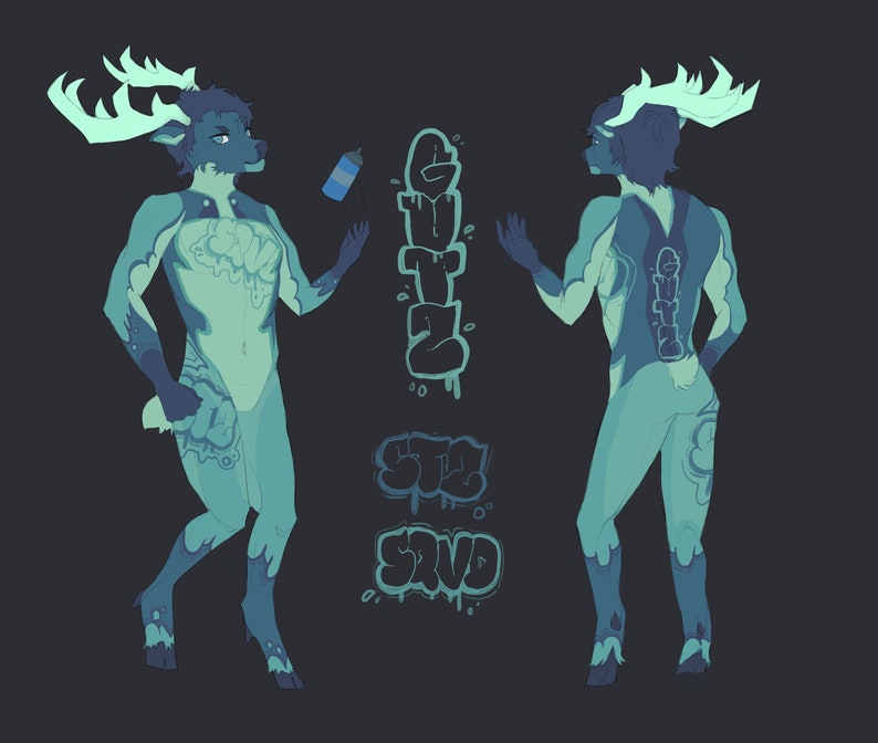 May include: A blue and green deer-like creature with antlers, holding a blue spray paint can. The creature is standing in front of a wall with graffiti that says "Stay Wild".