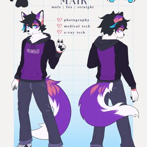 May include: A digital illustration of a furry fox character named Maik. He is wearing a purple and black hoodie, blue jeans, and white sneakers. He has blue eyes and a white and purple tail. The illustration includes text that says "Maik", "male | fox | straight", "photography", "medical tech", and "x-ray tech".
