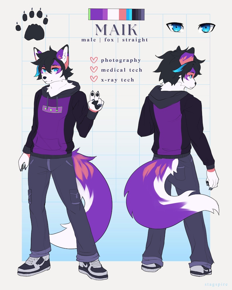 May include: A digital illustration of a furry fox character named Maik. He is wearing a purple and black hoodie, blue jeans, and white sneakers. He has blue eyes and a white and purple tail. The illustration includes text that says "Maik", "male | fox | straight", "photography", "medical tech", and "x-ray tech".