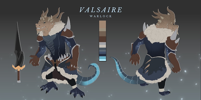 May include: A digital illustration of a blue and brown dragon-like creature wearing armor and a fur-lined cloak. The creature is holding a black sword with a gold hilt. The illustration includes a color palette with various shades of blue, brown, and white.