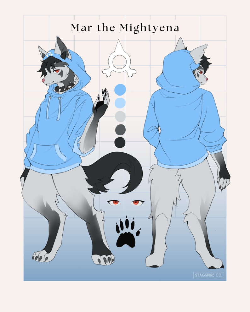 May include: A digital illustration of a gray wolf-like creature wearing a light blue hoodie. The creature has black fur on its tail and head. The illustration is labeled "Mar the Mightyena".