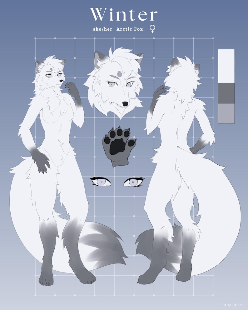 May include: A digital illustration of a white arctic fox character named Winter. The illustration shows the character from the front, side, and back, with a close-up of the face and paws. The character has a white coat with gray markings on the tail and paws. The illustration is on a blue background with a grid pattern.