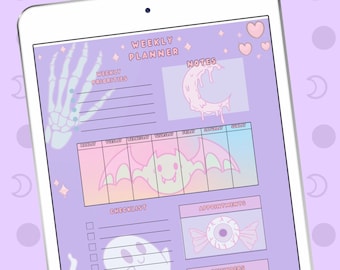 May include: A pastel purple weekly planner with a gothic theme. The planner features a skeleton hand, a bat, a ghost, a candy eye, and vampire fangs. The planner also includes sections for weekly priorities, notes, checklist, appointments, and reminders.