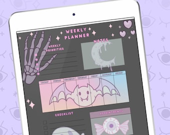 May include: A digital weekly planner with a spooky Halloween theme. The planner has sections for weekly priorities, notes, checklist, appointments, and reminders. The planner features cute illustrations of a skeleton hand, a crescent moon, a bat, a ghost, an eye, and fangs.