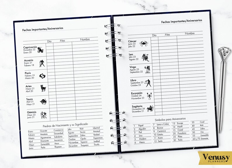 May include: A black and white planner with a spiral binding. The left page has a list of zodiac signs with their dates and symbols. The right page has a list of important dates and anniversaries with columns for day, month, and name. The bottom of the page has a table of birthstones and their meanings.