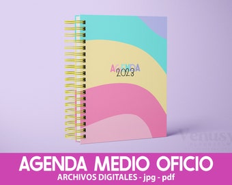 AGENDA 2024 IMPRIMIBLE / Medio Oficio / en español / agenda vista semanal / color pastel / 2024 / agenda colorida pastel