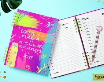 PRINTABLE 2023 AGENDA / A5 Media Letter / in Spanish / daily agenda with hours / colorful / 2023 / youth agenda